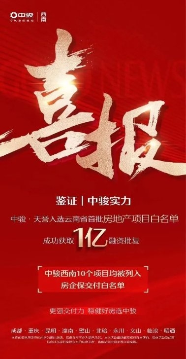 中駿集團天譽項目，喜登融資“白名單”，獲批1億融資