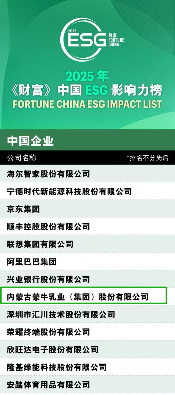 中國乳業(yè)唯一！蒙牛榮登2025年《財(cái)富》中國ESG影響力榜